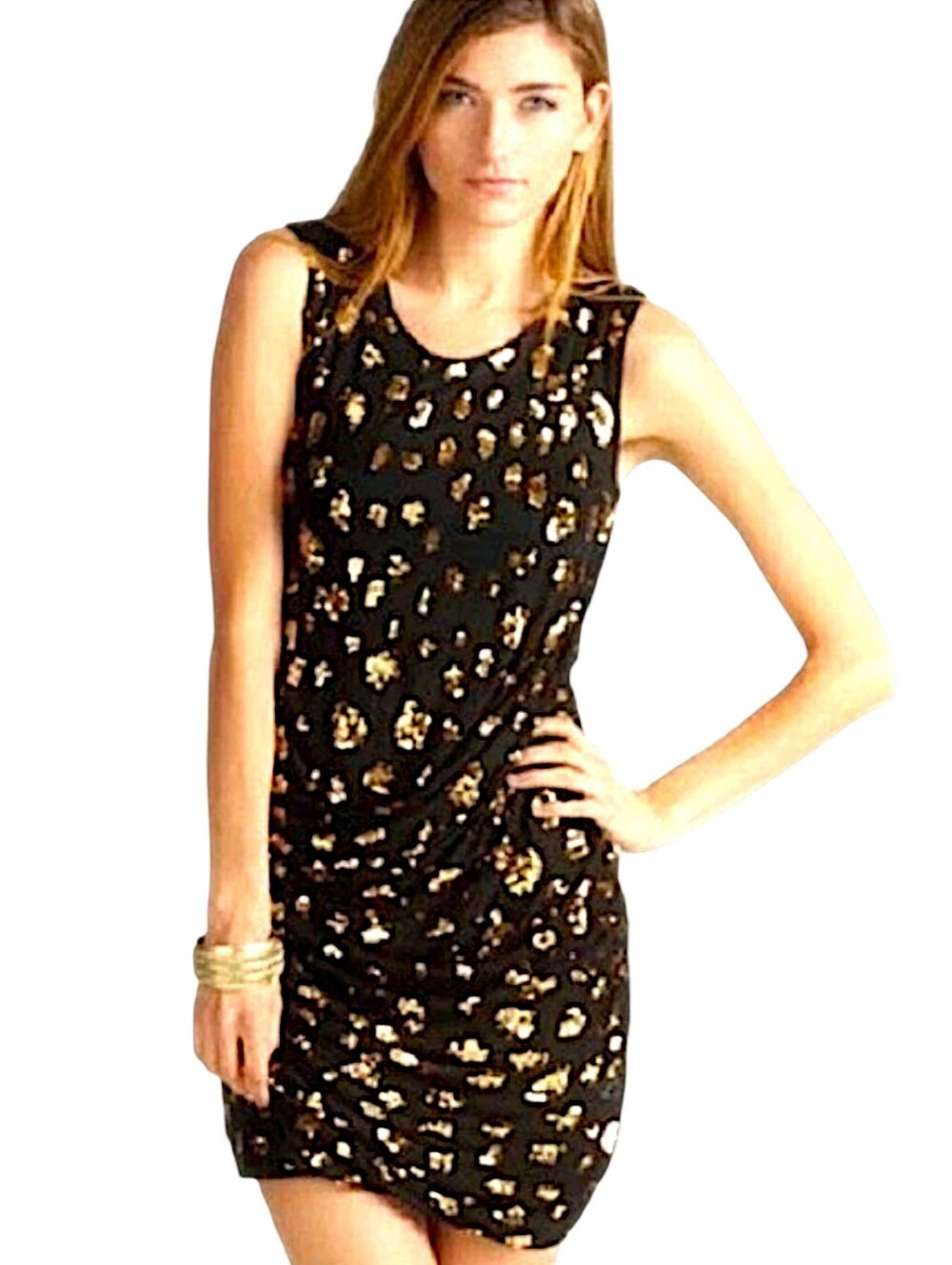 FRENCH CONNECTION Aritzia Galaxy Jersey Sequins Ruched Party Dress Blk/Gld Sz 4